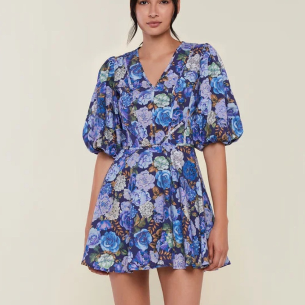 New! Rachel Parcell v-neck puff sleeve Blue Floral mini Dress 38038